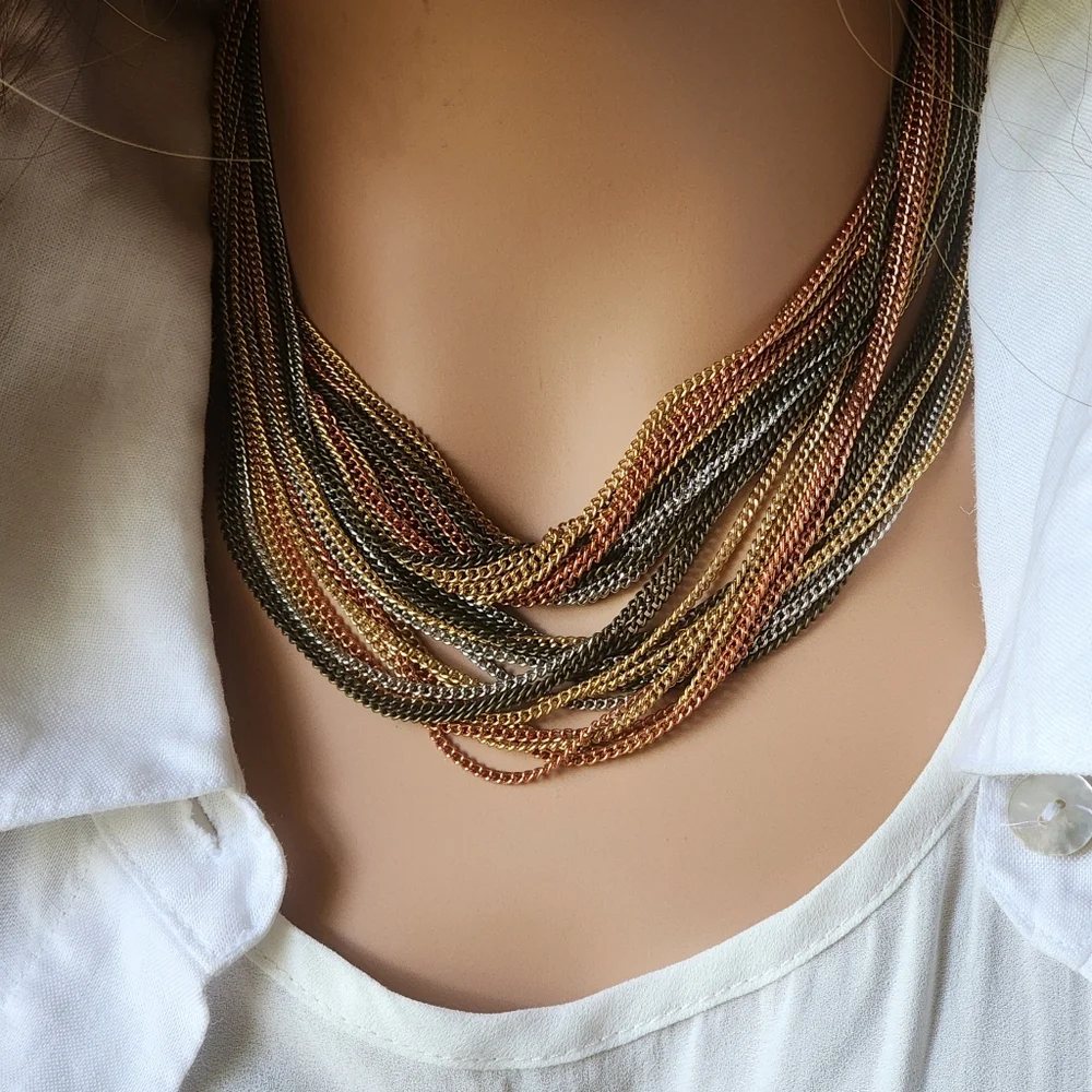 Designer Necklace Mix Silver Copper Bronze Gold Multi-stand Long Chain